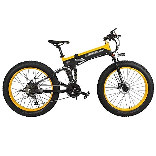 Folding Electric Mountain Bike : Qinmo 26-inch electric mountain bike, removable lithium-ion battery (48V 500W), pedal-assisted electric bike, suitable for outdoor sports riding (Color : Black yellow)