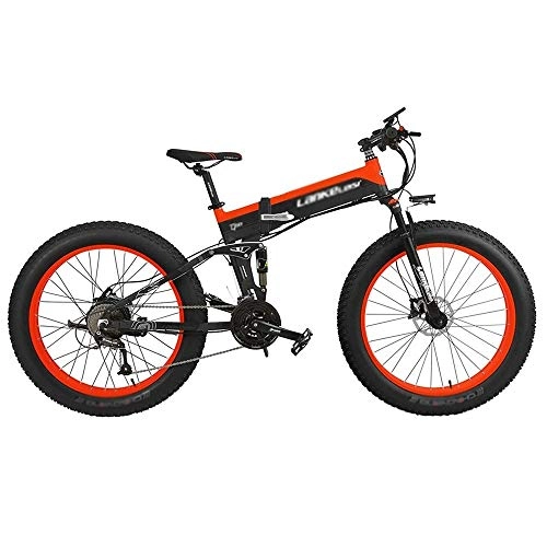 Folding Electric Mountain Bike : Qinmo Foldable 26-inch electric mountain bike with removable 48V lithium-ion battery, suitable for men, women, outdoor sports riding (Color : Black red)