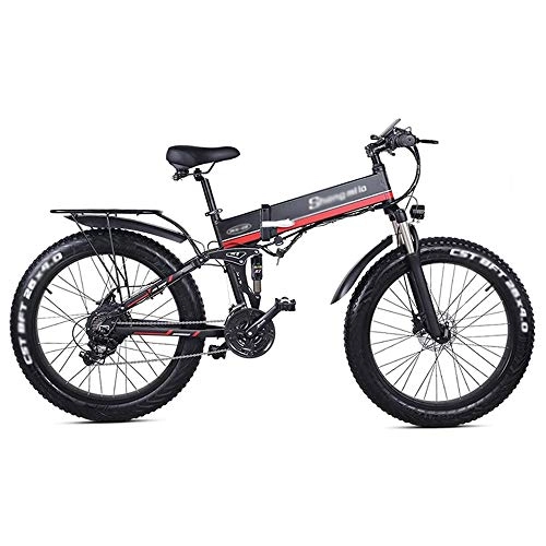 Folding Electric Mountain Bike : Qinmo Mens Mountain Bike, Alloy Ebikes Bicycles All Terrain, 1000W Strong Electric Snow Bike, 48V Extra Large Battery E Bike 21 Speed Fat Bike (Color : Red)