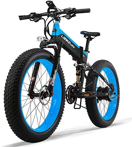 Folding Electric Mountain Bike : RDJM Ebikes, 48V 10AH Electric Bike 26 '' 4.0 Tire Electric Bike 500W Engine 27-Speed Snow Mountain Folding Electric Bike Adult Female / Male with Anti-Theft Device (Color : Blue)