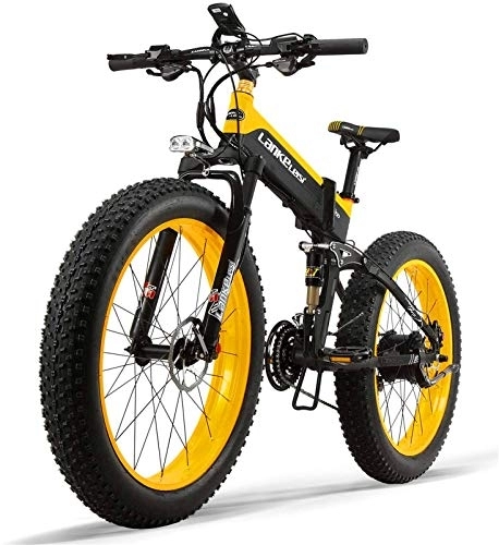 Folding Electric Mountain Bike : RDJM Ebikes, 48V 500w Electric Mountain Bicycle 26 Inch Fat Tire E-Bike（Top Speed 40 Km / h） Cruiser Mens Sports Bike Full Suspension Lithium Battery MTB Dirtbike，yellow (Color : Yellow)