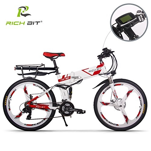 Folding Electric Mountain Bike : RICH BIT Electric Bicycle 250W 36V 12.8Ah Lithium Battery Folding E-bike LCD Display Smart Mountain Bike Red (RED 2.0)