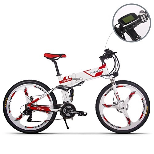 Folding Electric Mountain Bike : RICH BIT Electric Folding Mountain Bike Mens Bicycle MTB RT860 250W*36V*8Ah 26 Inch Dual Suspension 21Speed SHIMANO Dearilleur LG Battery Cell Double Disc Brake White-Red (WHITE-RED SP)