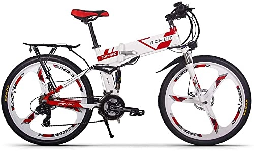 Folding Electric Mountain Bike : RICH BIT Mountain Bike 250W Brushless Motor Sports Bike, 36V 12.8Ah Lithium Battery Electric Bike, Mechanical Disc Brake Ebike (Red-White)