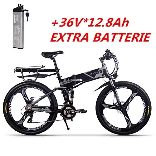 Folding Electric Mountain Bike : Rich BIT RT860 Electric Bike e-bike 250W*36V*12.8Ah LG Li-Battery Smart ebike 26 Inch MTB (Grays+pare battery)