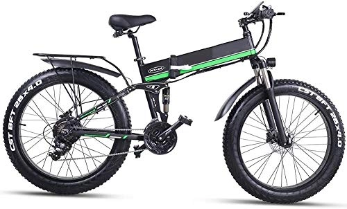 Folding Electric Mountain Bike : RVTYR Electric Bike 26 Inches Folding Fat Tire Snow Bike 12Ah Li-Battery 21 Speed Beach Cruiser Mountain E-bike with Rear Seat hybrid bikes mens (Color : Green)