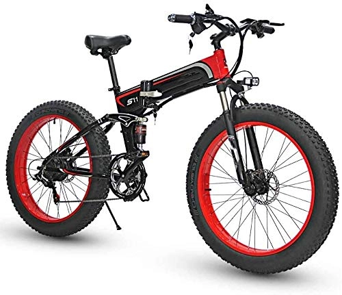 Folding Electric Mountain Bike : RVTYR Full Suspension Frame 26Inch Electric Mountain Bike Removable Large Capacity Lithium-Ion Battery, 7 Speed Gear Three Working Modes, Black red, 350W electric bike