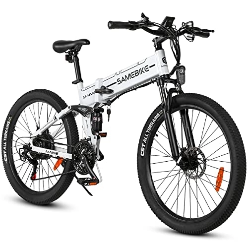 Folding Electric Mountain Bike : SAMEBIKE 26'' Electric Bike for Adult, LO26-II FT Version with 48V 10.4AH Removable Lithium-Ion Battery, Folding City Commuter Electric Bicycle, 21-Speed (White)