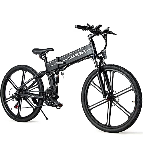 Folding Electric Mountain Bike : SAMEBIKE 26'' Electric Bike for Adult, LO26-II Upgrade Version with 48V 10.4AH Removable Lithium-Ion Battery, Folding City Commuter Electric Bicycle, 21-Speed (Black)