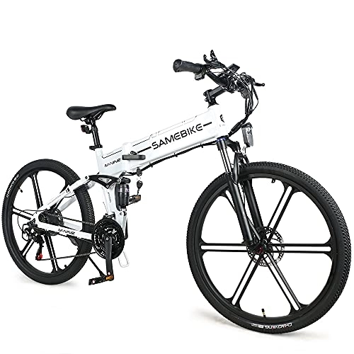 Folding Electric Mountain Bike : SAMEBIKE 26'' Electric Bike for Adult, LO26-II Upgrade Version with 48V 10.4AH Removable Lithium-Ion Battery, Folding City Commuter Electric Bicycle, 21-Speed (White)