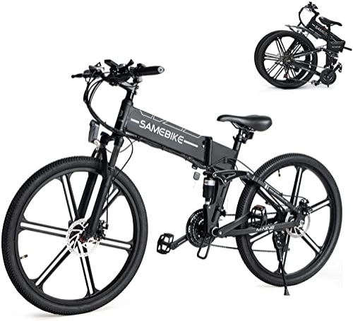 Folding Electric Mountain Bike : SAMEBIKE 26 Inch Electric Bicycle For Adults, Foldable Unisex City Electric Bicycle, 48V 10.4AH / 12.5AH Removable Battery, Shimano 21 Speeds (LO26 Integrated Wheel Black)