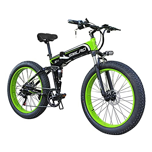 Folding Electric Mountain Bike : SAWOO Electric Mountain Bike 26 Inch Folding Ebike 1000w Fat Tyre E-bike, 48V 15Ah Removable Battery Snow Electric Bicycle (green)