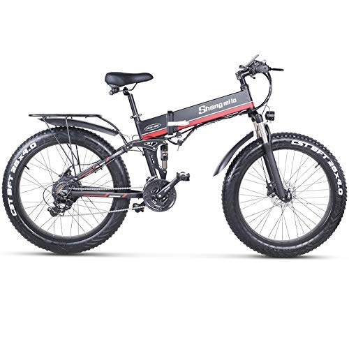 Folding Electric Mountain Bike : sheng milo 1000W Fat Electric Bike 48V Mens Mountain E bike 21 Speeds 26 inch Fat Tire Road Bicycle Snow Bike Pedals with Hydraulic Disc Brakes and Full Suspension Fork