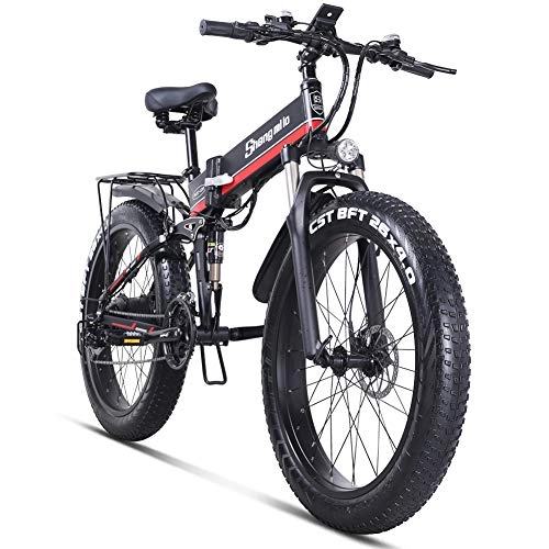 Folding Electric Mountain Bike : Shengmilo 26" Electric Bike Adults, 4” Fat Tire Mountain Electric Bike, Removable 48V / 10Ah Lithium Battery, Shimano 21-Speed, Suspension Fork with Lock (RED)