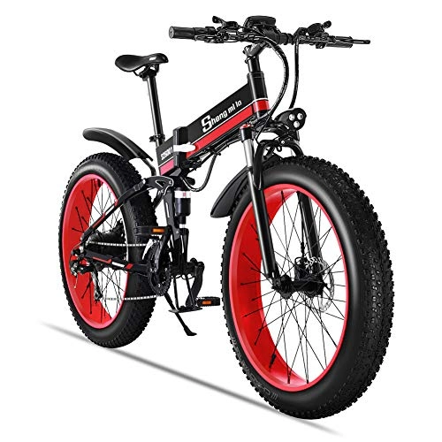 Folding Electric Mountain Bike : Shengmilo-MX01 26 Inches Electric Snow Bike, 1000W 48V 13ah Folding Fat Tire Mountain Bike MTB Shimano 21 Speed E-bike Pedal Assist Lithium Battery Hydraulic Disc Brakes Contains Two Batteries (Red)