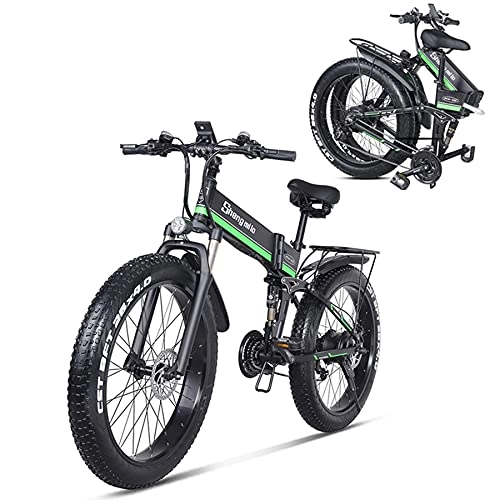 Folding Electric Mountain Bike : SHENGMILO MX01 Adult Folding Electric Bicycle, 26*4.0 Fat Tire Electric Bicycle with 1000W Motor 48V 12.8AH Battery, Commuter or Mountain Bicycle, 7 / 21 Shift Lever Accelerator (Green, No spare battery)
