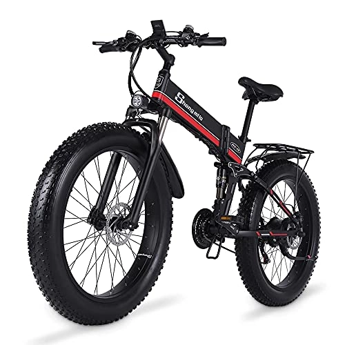 Folding Electric Mountain Bike : Shengmilo (MX01) electric bicycle adult electric bicycle 1000w fat tire 26 * 4.0 ” adult electric bicycle, with removable lithium battery and battery charger. (Black red, No+ spare battery)