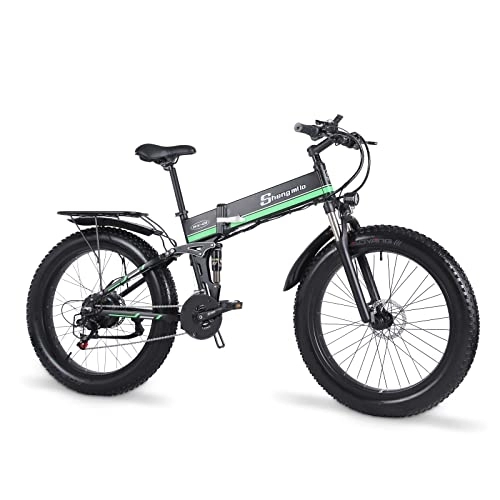 Folding Electric Mountain Bike : Shengmilo MX01 Electric Bike for Adults, 26'' Electric Bicycle with Brushless Motor, Fat Tire Mountain E Bike with Removable 48V Lithium Battery, Dual Shock Absorber (Green)