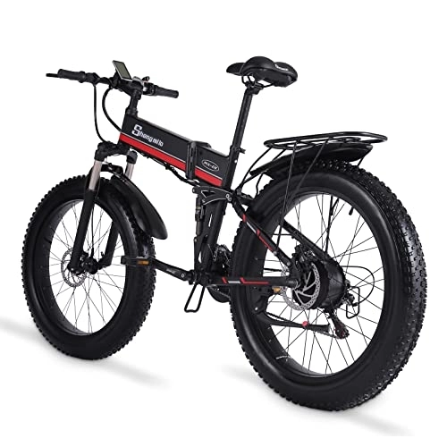 Folding Electric Mountain Bike : Shengmilo MX01 Electric Bike for Adults, 26'' Electric Bicycle with Brushless Motor, Fat Tire Mountain E Bike with Removable 48V Lithium Battery, Dual Shock Absorber (Red)