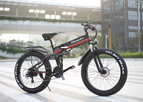 Folding Electric Mountain Bike : Skyzzie Electric Mountain Bike Folding E-bike 1000W Electric Bicycle with Removable 48V 12.8AH Lithium-Ion Battery, 26" Off-Road Wheels Premium Full Suspension and Shimano 21 Speed Gear