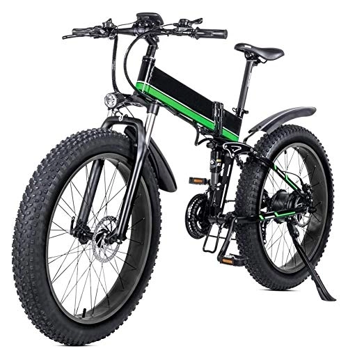 Folding Electric Mountain Bike : Smisoeq Electric bike tire 26 inches thick foldable electric bicycle with 48V 12Ah lithium battery movable with the rear seat (Color : Green)