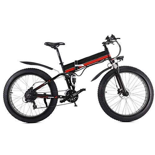 Folding Electric Mountain Bike : Smisoeq Electric bike tire 26 inches thick foldable electric bicycle with 48V 12Ah lithium battery movable with the rear seat (Color : Red)