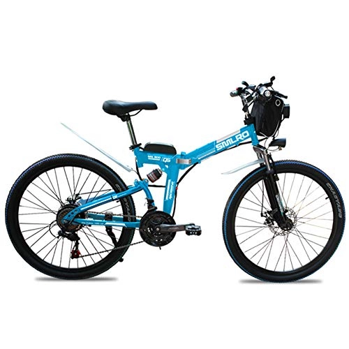 Folding Electric Mountain Bike : SMLRO Folding E-bike for Adults, 26" Electric Mountain Bicycle with 1000W Motor, 48V 10Ah Battery, 27 Speed Transmission Gears (blue)