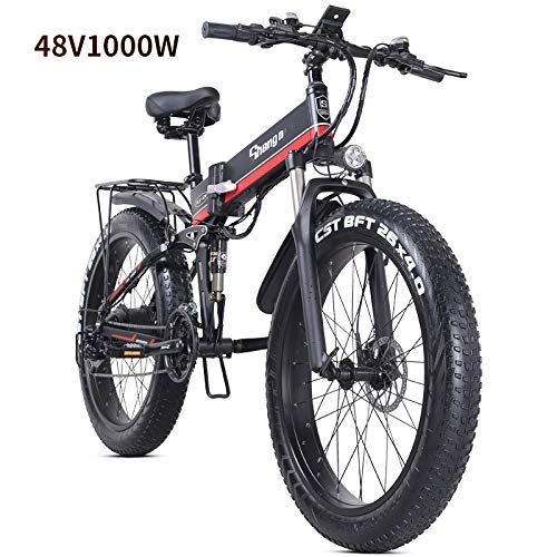 Folding Electric Mountain Bike : SYXZ 26 Inch Electric Bike - Foldable Compact eBike For Commuting and Leisure - Rear Suspension, Pedal Assist Unisex Bicycle, 1000W / 48V, Black