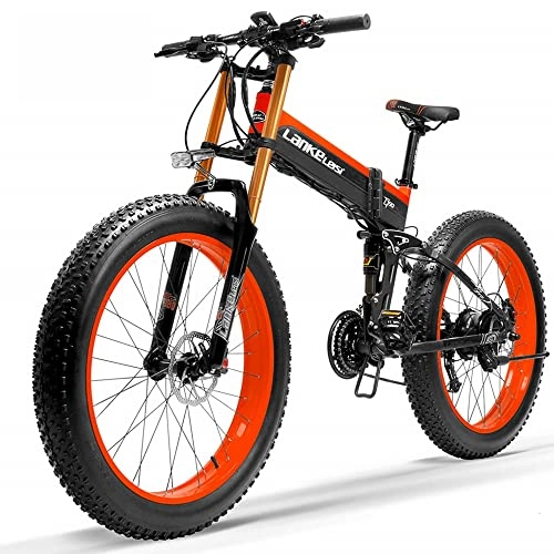 Folding Electric Mountain Bike : T750plus 26 Inch Folding Electric Mountain Bike Snow Bike for Adult, 27 Speed E-bike with Removable Battery (Red, 14.5Ah + 1 Spare Battery)