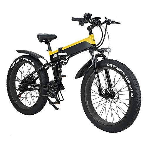 Folding Electric Mountain Bike : TANCEQI Adult Folding Electric Bikes, Hybrid Recumbent / Road Bikes, with Aluminum Alloy Frame, LCD Screen, Three Riding Mode, 7 Speed 26 Inch City Mountain Bicycle Booster, Yellow