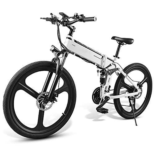 Folding Electric Mountain Bike : TGHY Electric Mountain Bike 26" Folding E-Bike 48V 350W Motor Removable 10Ah Battery LCD Display with USB Pedal Assist 21-Speed 35KPH Full Suspension Electric Bicycle, White