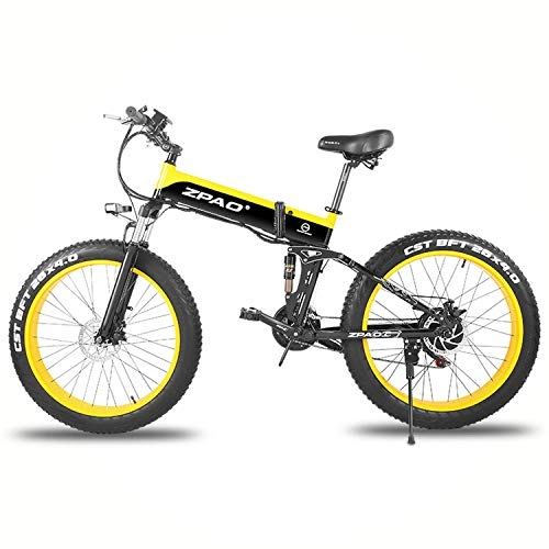 Folding Electric Mountain Bike : TYT 26 inch 48V 500W Folding Mountain Bike, 4.0 Fat Tire Electric Bike, Handlebar Adjustable, LCD Display with USB Plug (Black Green, 12.8Ah + 1 Spare Battery), Black Yellow
