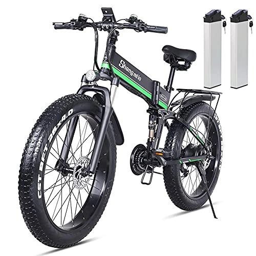 Folding Electric Mountain Bike : Vikzche Q Electric Bike 26 Inches Folding Fat Tire Snow Bike 12.8Ah Li-Battery 21 Speed Beach Cruiser Mountain E-bike with Rear Seat (MX01 Green with Two Battery)