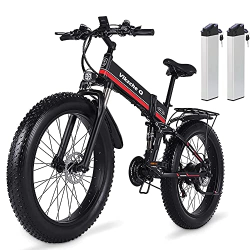 Folding Electric Mountain Bike : Vikzche Q Electric Bike 26 Inches Folding Fat Tire Snow Bike 12.8Ah Li-Battery 21 Speed Beach Cruiser Mountain E-bike with Rear Seat (MX01 Red with Two Battery)