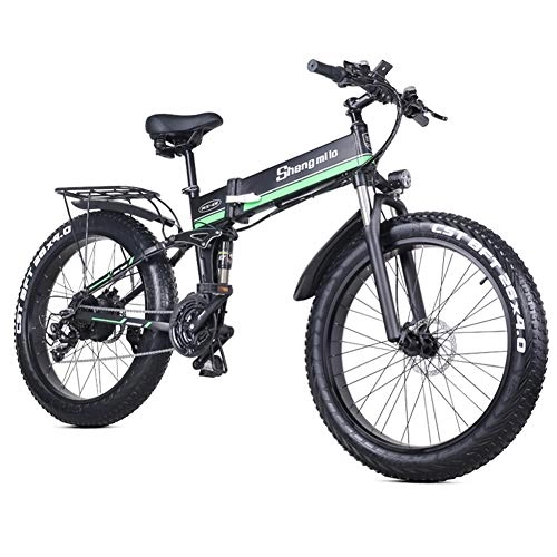 Folding Electric Mountain Bike : WFIZNB Electric Mountain Bike 21 Speed E-bike 26 Inches 1000W 48V 13ah Folding Fat Tire Snow Bike Pedal Assist Lithium Battery Hydraulic Disc Brakes for Adult, Green