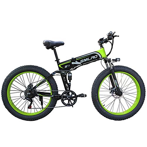 Folding Electric Mountain Bike : WFIZNB Electric mountain bikes, 1000W Electric Bike Mens Mountain Ebike 21 Speeds 26 inch Fat Tire Road Bicycle Beach / Snow with lithium-ion battery 48V8Ah Off-road bikes, Green