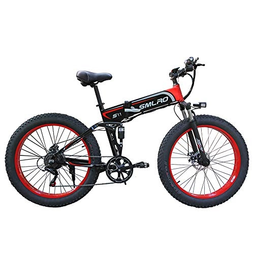 Folding Electric Mountain Bike : WFIZNB Electric mountain bikes, 1000W Electric Bike Mens Mountain Ebike 21 Speeds 26 inch Fat Tire Road Bicycle Beach / Snow with lithium-ion battery 48V8Ah Off-road bikes, Red