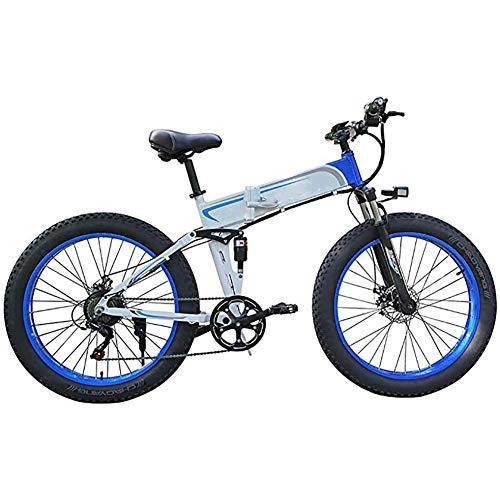 Folding Electric Mountain Bike : WXX Adult Folding Electric Mountain Bike, 48V / 8Ah / 350W Lithium Ion Batterysnow Bike, 26" Electric Bicycle, For Outdoor Cycling Exercise, white blue