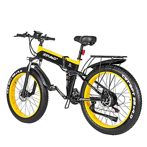 Folding Electric Mountain Bike : WZW 1000W Adult Mountain Electric Bike 26inch 4.0 Fat Tire Folding Ebike 48V / 12.8Ah Lithium Battery Electronic Bicycle 21 Speed Gears (Color : Yellow, Size : 1b)