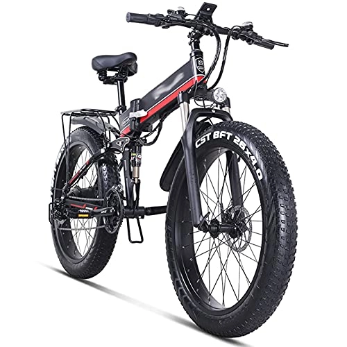 Folding Electric Mountain Bike : WZW 1000W Foldable Electric Bike for Adults - 26inch 4.0 Fat Tire Off-Road Ebike - 48V / 12.8Ah Removable Lithium Battery Mountain Bicycle