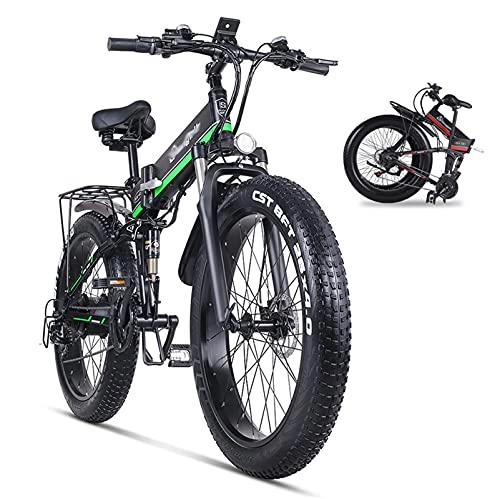 Folding Electric Mountain Bike : WZW MX01 Electric Bike 1000W Folding Mountain Bike 4.0 Fat Tire Ebike 48V 12Ah Removable Lithium-Ion Battery Bicycle Professional 21 Speed Gears (Color : Mx01 green)