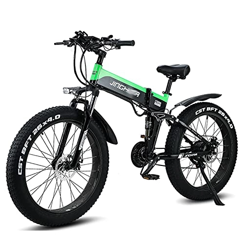 Folding Electric Mountain Bike : WZW R5 1000W Mountain Electric Bike 26inch 4.0 Fat Tire Folding Ebike 48V / 12.8Ah Lithium Battery Electronic Bicycle 21 Speed Gears for Adult (Color : Green, Size : 2b)