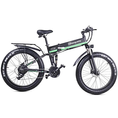 Folding Electric Mountain Bike : XBSLJ Electric Bikes, Folding Bikes Folding electric mountain bike 1000w full suspension for Adults and Teens or Sports Outdoor Cycling, Shock Absorption Mechanism-Green