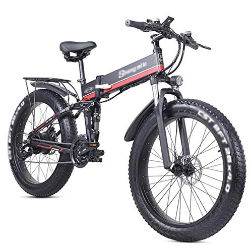 Folding Electric Mountain Bike : XBSLJ Electric Bikes, Folding Bikes Folding electric mountain bike 1000w full suspension for Adults and Teens or Sports Outdoor Cycling, Shock Absorption Mechanism-Red
