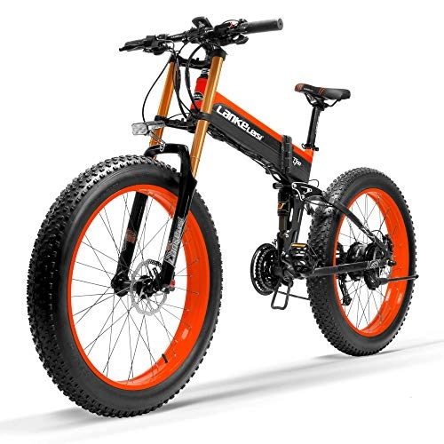 Folding Electric Mountain Bike : XHCP bicycle Mountain bike 27 Speed 1000W Folding Electric Bike 26 * 4.0 Fat Bike 5 PAS Hydraulic Disc Brake 48V 10Ah Removable Lithium Battery Charging, (Black Red Upgraded, 1000W)