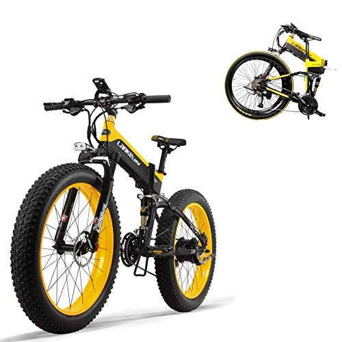 Folding Electric Mountain Bike : XTD Upgrade 500w 48V Electric Mountain Bicycle- 26inch Fat Tire E-Bike Beach Cruiser Mens Sports Electric Bicycle MTB Dirtbike- Full Suspension Lithium Battery E-MTByellow A