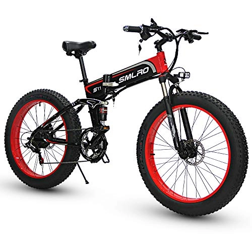 Folding Electric Mountain Bike : XXCY 1000W ebike Fat Tire Electric Bike Folding Mountain Bike 26' Full Suspension 48V12.8AH 21 Speeds Pedal Assist (red)
