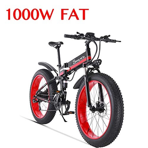Folding Electric Mountain Bike : XXCY 1000W Electric Bike Mens Mountain Ebike 21 Speeds 26 inch Fat Tire Road Bicycle Beach / Snow Bike with Hydraulic Disc Brakes and Suspension Fork (01red)