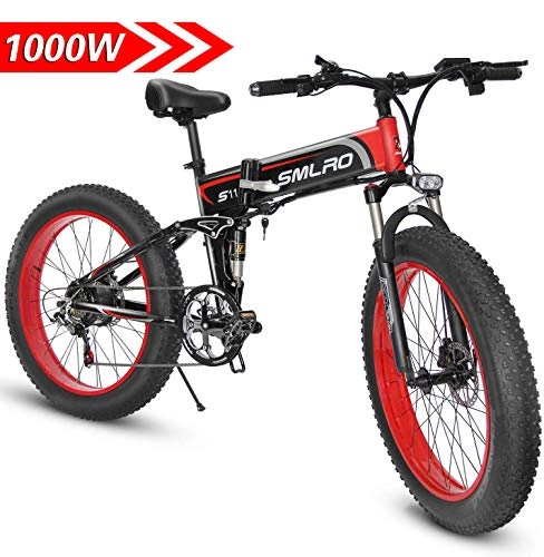 Folding Electric Mountain Bike : XXCY Foldable Bicycle, Electric Bike, 26 Inch Fat Tire, 48v 1000w Motor, Mobile Lithium Battery Shimano 7 Speed (red)