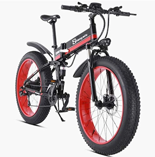 Folding Electric Mountain Bike : XXZQQ Electric Bike Folding Mountain Bike, 7-Speed Electric Bicycle 48V 1000W Adult Aluminum Double Shock Absorber with 26 Inch Tire Disc Brake And Full Suspension Fork, Red
